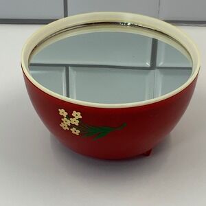 Vintage Red Christmas Musical Box Mirror Floral Design Wind Up Made in Hong Kong